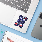 Monogram N American Flag Letter N Initiaal USA Sticker (Laptop met iPhone)