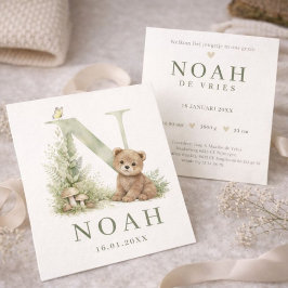 Monogram N Beer Bosdier Waterverf Geboortekaartje Kaart