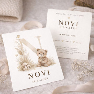 Monogram N Beer Neutraal Woodland Geboortekaartje Kaart