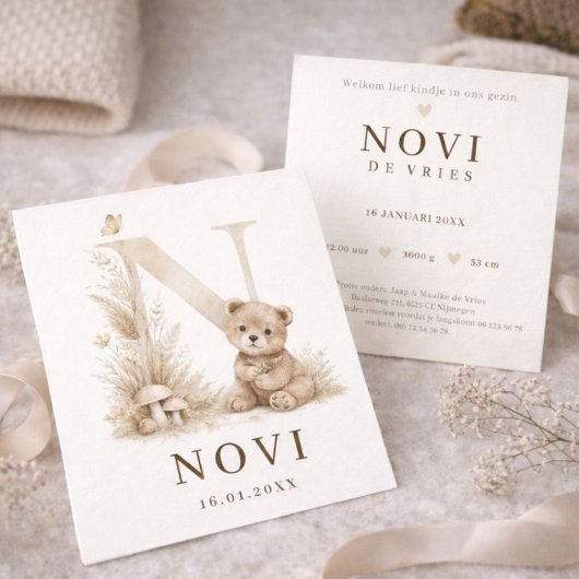 Monogram N Beer Neutraal Woodland Geboortekaartje Kaart