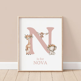 Monogram N Boho Oerwoud Safari Dierenkwekerij Muur Poster