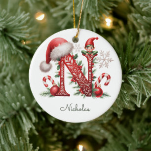 Monogram N Elf Kerst Ornament