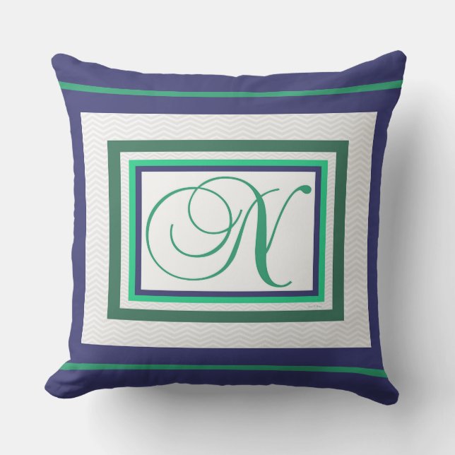 Monogram N Groen Wit Script Buitenkussen (Voorkant)