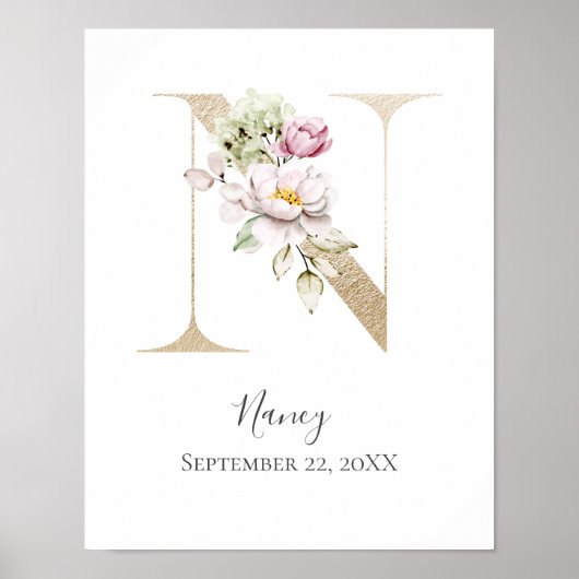 Monogram N Roze witte Floral Gold Letter Neursery Poster (Voorkant)