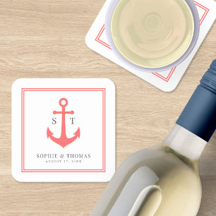 Monogram Naadloos Rand en Anker Kleur Nautisch Kartonnen Onderzetters