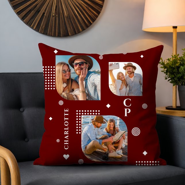 Monogram Naam 3 Foto Collage Trendy Kussen (Creator heeft geüpload)