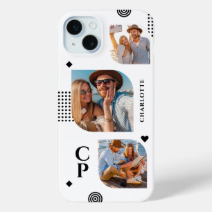 Monogram Naam 3 Foto Collage Trendy Modern iPhone 15 Mini Hoesje