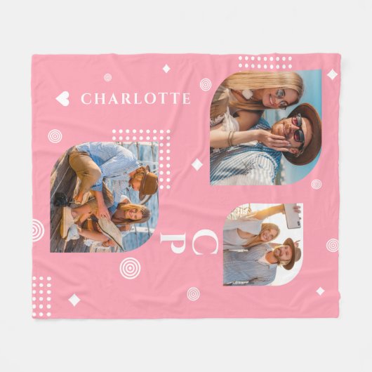 Monogram Naam 3 Foto Collage Trendy Modern Fleece Deken (Voorkant (Horizontaal))