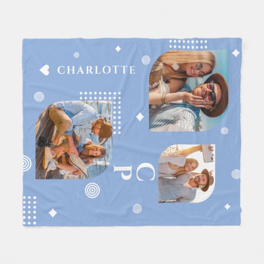 Monogram Naam 3 Foto Collage Trendy Modern Fleece Deken (Voorkant (Horizontaal))