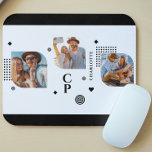Monogram Naam 3 Foto Collage Trendy Modern Muismat<br><div class="desc">De Naam van Monogram 3 de Muismatten van de Kleur van de Foto Trendy Modern kenmerkt een fotocollage van drie van uw favoriete foto's met uw gepersonaliseerde naam en monogram in elegant zwart manuscript. Personaliseer door de tekst in de verstrekte tekstvakjes uit te geven. Ideaal voor verjaardag, Kerstmis, Moederdag, Vaderdag,...</div>