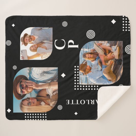 Monogram Naam 3 Foto Collage Trendy Sherpa Deken (Voorkant (horizontaal))
