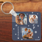 Monogram Naam 3 Foto Collage Trendy Sleutelhanger (Voorkant)