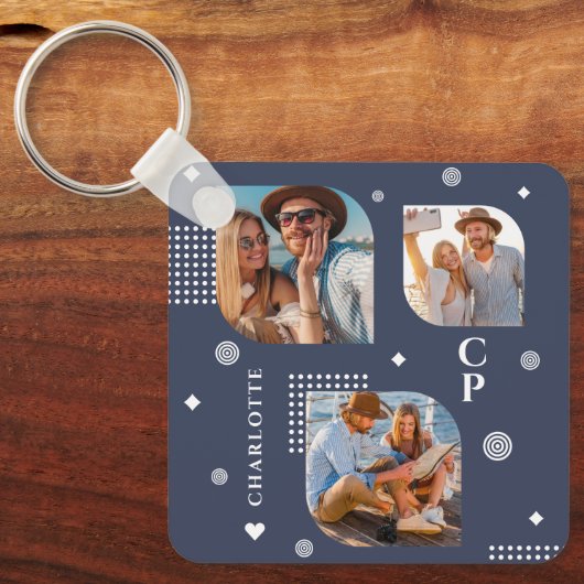 Monogram Naam 3 Foto Collage Trendy Sleutelhanger (Voorkant)