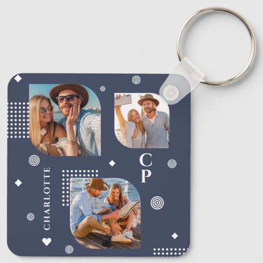 Monogram Naam 3 Foto Collage Trendy Sleutelhanger (Achterkant)