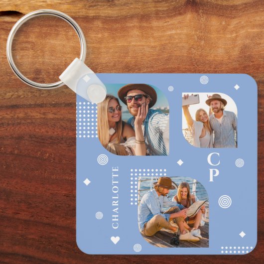 Monogram Naam 3 Foto Collage Trendy Sleutelhanger (Voorkant)