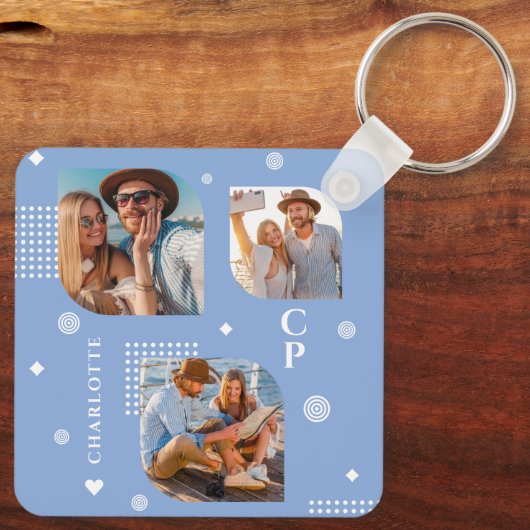 Monogram Naam 3 Foto Collage Trendy Sleutelhanger (Achterkant)
