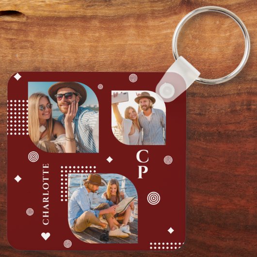 Monogram Naam 3 Foto Collage Trendy Sleutelhanger (Achterkant)