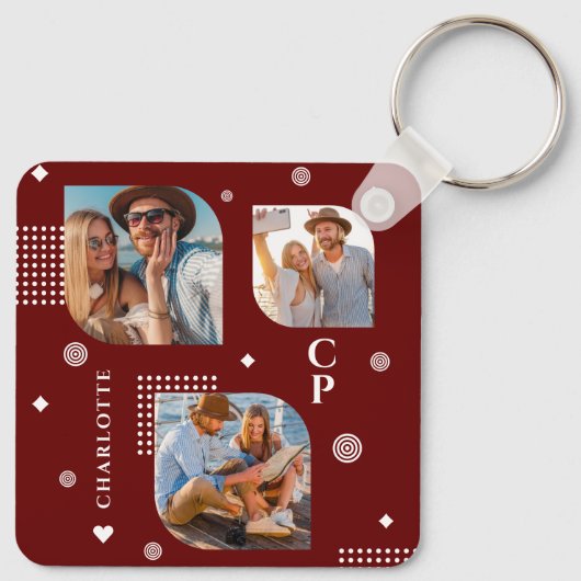 Monogram Naam 3 Foto Collage Trendy Sleutelhanger (Achterkant)