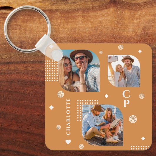 Monogram Naam 3 Foto Collage Trendy Sleutelhanger (Voorkant)