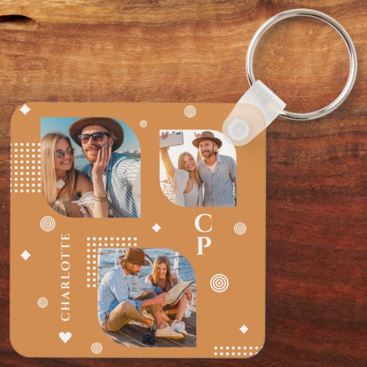 Monogram Naam 3 Foto Collage Trendy Sleutelhanger (Achterkant)