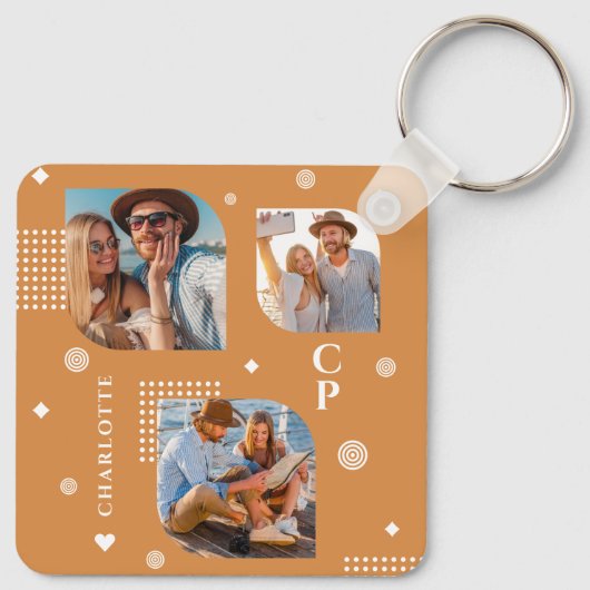 Monogram Naam 3 Foto Collage Trendy Sleutelhanger (Achterkant)