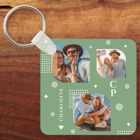 Monogram Naam 3 Foto Collage Trendy Sleutelhanger (Voorkant)