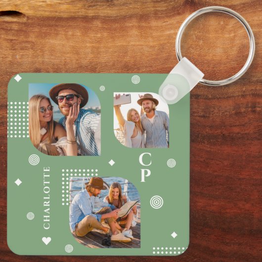 Monogram Naam 3 Foto Collage Trendy Sleutelhanger (Achterkant)