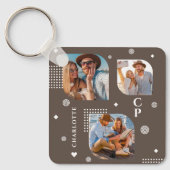 Monogram Naam 3 Foto Collage Trendy Sleutelhanger (Voorkant)