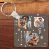 Monogram Naam 3 Foto Collage Trendy Sleutelhanger (Voorkant)