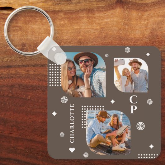Monogram Naam 3 Foto Collage Trendy Sleutelhanger (Voorkant)