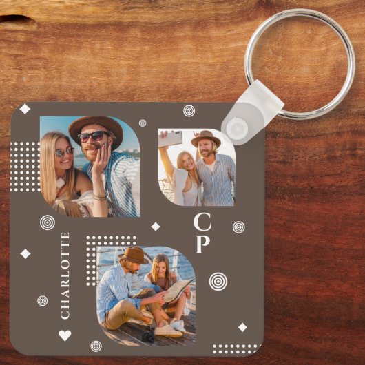 Monogram Naam 3 Foto Collage Trendy Sleutelhanger (Achterkant)