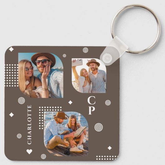 Monogram Naam 3 Foto Collage Trendy Sleutelhanger (Achterkant)