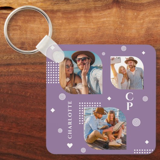 Monogram Naam 3 Foto Collage Trendy Sleutelhanger (Voorkant)