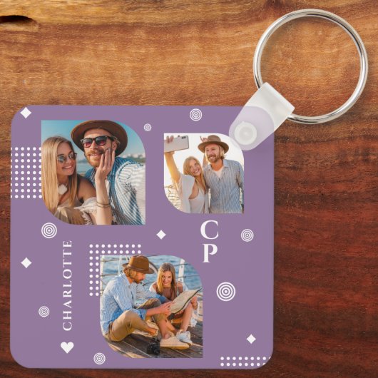 Monogram Naam 3 Foto Collage Trendy Sleutelhanger (Achterkant)