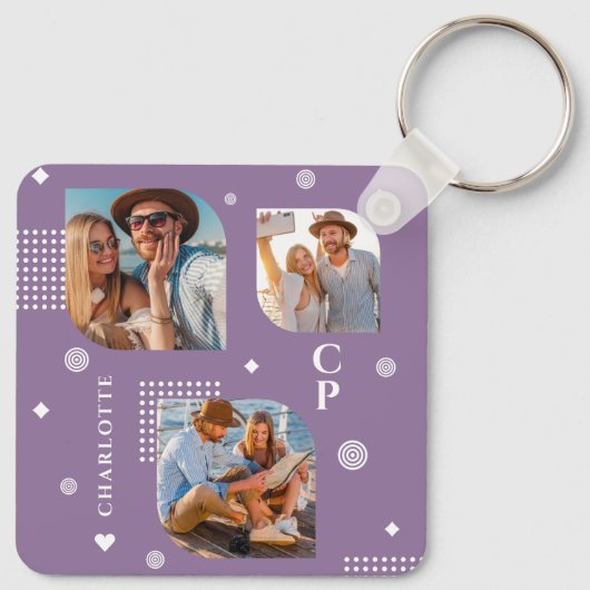 Monogram Naam 3 Foto Collage Trendy Sleutelhanger (Achterkant)