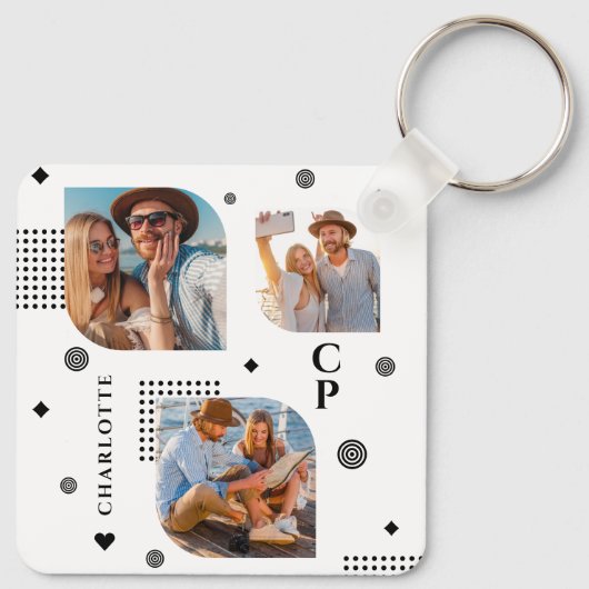 Monogram Naam 3 Foto Collage Trendy Sleutelhanger (Achterkant)