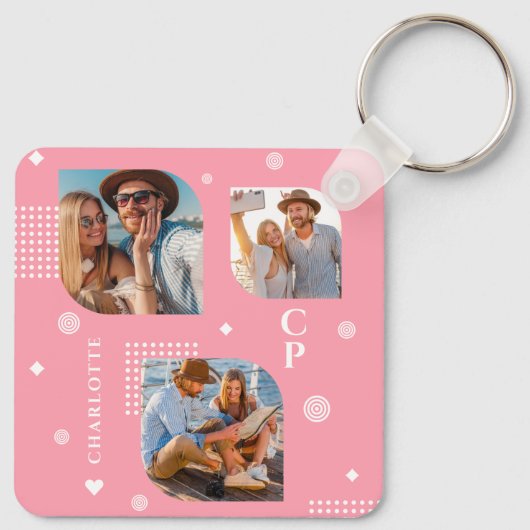 Monogram Naam 3 Foto Collage Trendy Sleutelhanger (Achterkant)