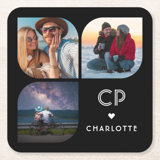 Monogram Naam 3 Foto Modern Trendy Eenvoudig Kartonnen Onderzetters (Voorkant)