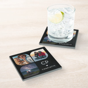 Monogram Naam 3 Foto Modern Trendy Simple Glazen Onderzetter