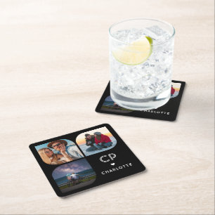 Monogram Naam 3 Foto Modern Trendy Simple Kartonnen Onderzetters