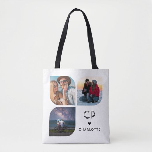 Monogram Naam 3 Foto Modern Trendy Simple Tote Bag (Voorkant)