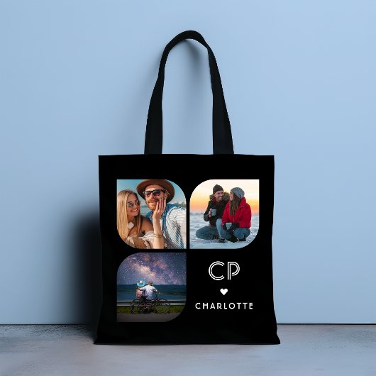 Monogram Naam 3 Foto Modern Trendy Simple Tote Bag