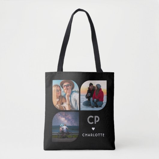 Monogram Naam 3 Foto Modern Trendy Simple Tote Bag (Voorkant)