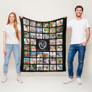 Monogram naam 44 Foto Collage Editable Black Fleece Deken