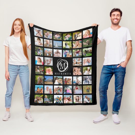 Monogram naam 44 Foto Collage Editable Black Fleece Deken (In situ)