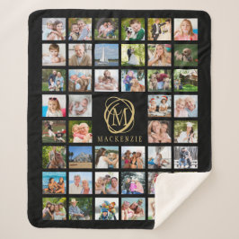 Monogram naam 44 Foto Collage Editable Black Gold Sherpa Deken