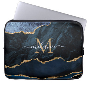 Monogram naam agaat blauw goud marmer laptophoes laptop sleeve