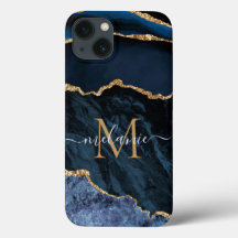 Monogram Naam Agaat Marine Blauw Goud iPhone Case