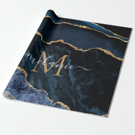 Monogram Naam Agaat Marine Blauw Goud Marmer Gift Cadeaupapier