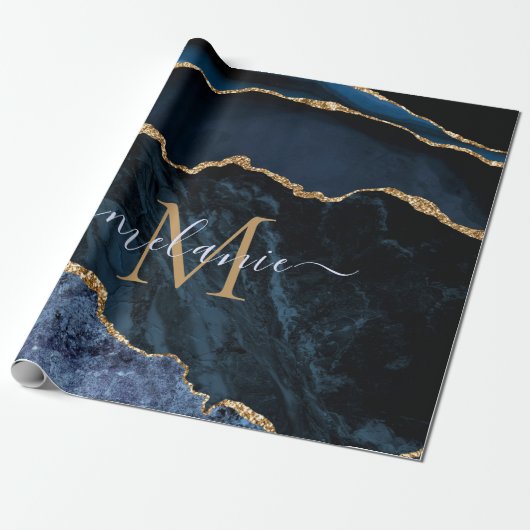 Monogram Naam Agaat Marine Blauw Goud Marmer Gift Cadeaupapier (Uitgerold)